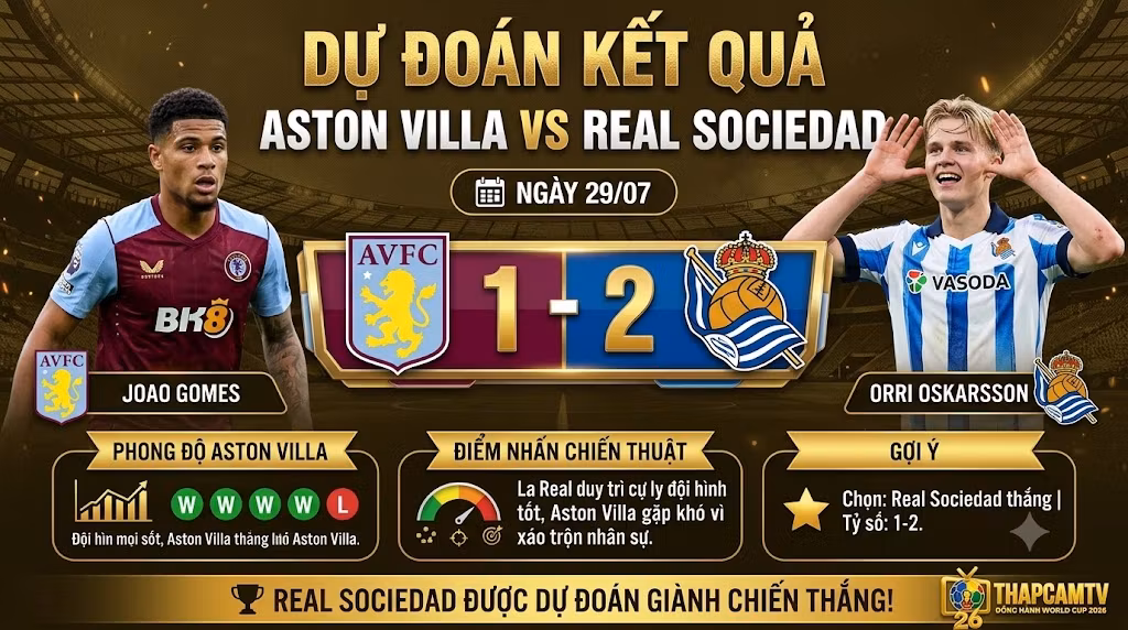 Dự đoán tỷ số kết quả trận Aston Villa vs Real Sociedad, chuyên gia ThapcamTV nhận định Real Sociedad giành chiến thắng 2-1.