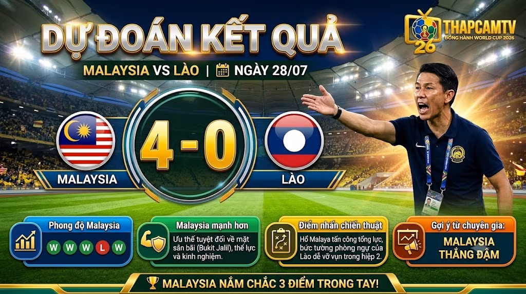 Dự đoán tỷ số kết quả trận Malaysia vs Lào thắng 4-0, đánh giá sức mạnh áp đảo của Hổ Malaya tại sân Bukit Jalil.