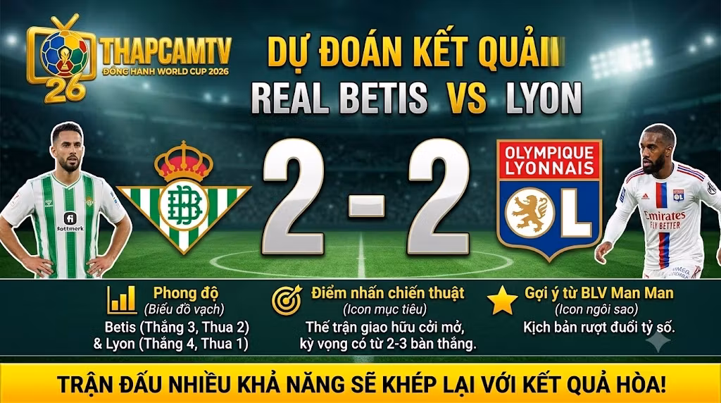 Chuyên gia BLV Man Man dự đoán kết quả tỷ số trận giao hữu Real Betis vs Lyon hòa 2-2, cập nhật trực tiếp tại Thập Cẩm TV.