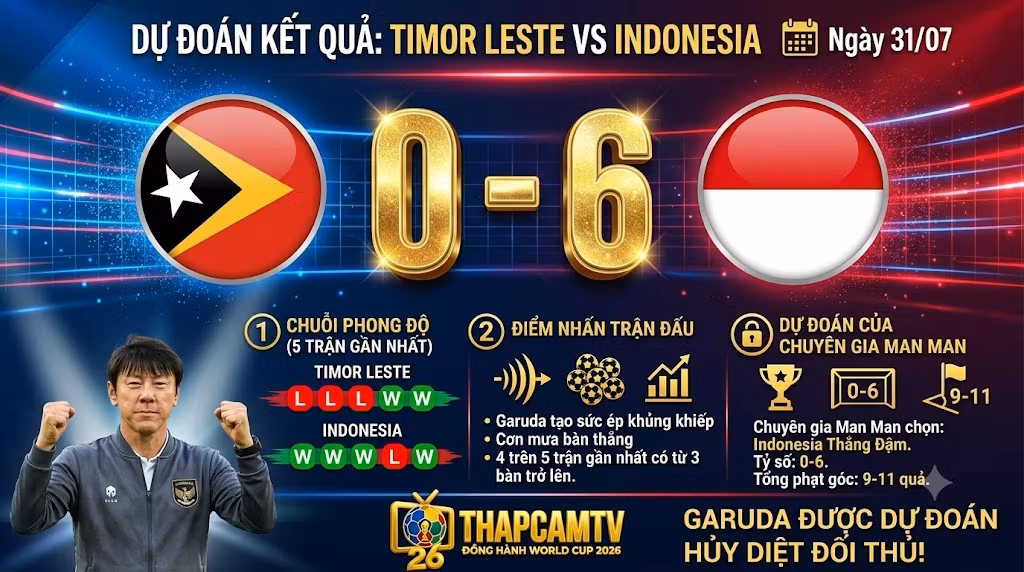 Chuyên gia BLV Man Man dự đoán tỷ số đậm 0-6 cho trận Timor Leste vs Indonesia.