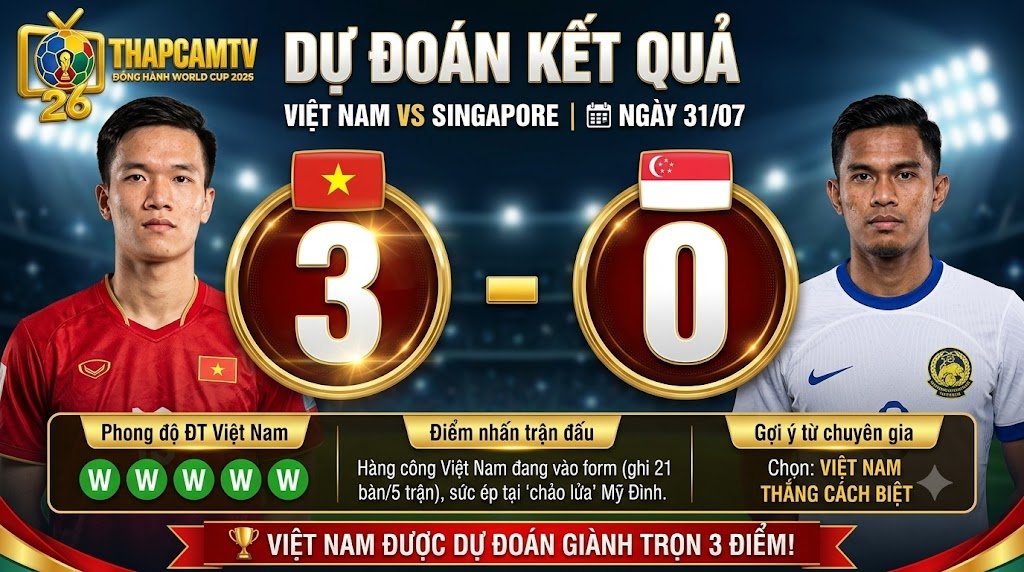 Chuyên gia BLV Man Man dự đoán kết quả tỷ số Việt Nam 3-0 Singapore dựa trên phong độ và thống kê đối đầu.